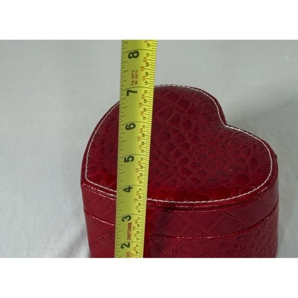 Red Faux Croc Heart Jewelry Box Travel Case Mirror Removable Tray Divided‎ 86-00